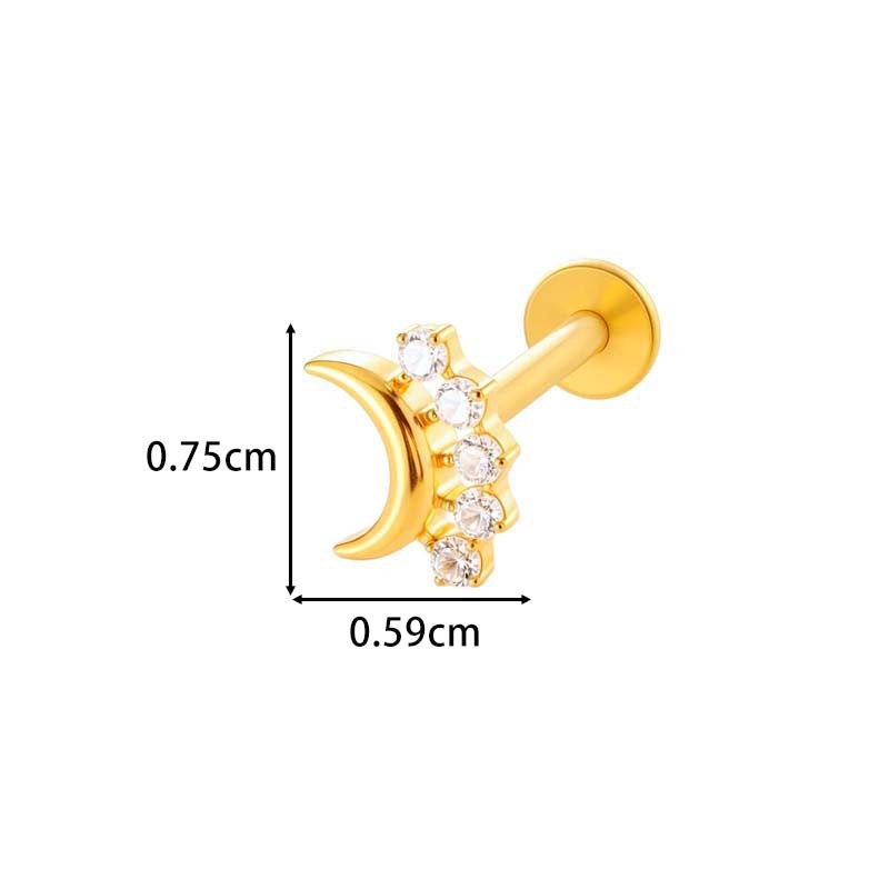 Boucles D'Oreilles Piercing Femme, 1 Pièce, En Alliage De Titane Doré Avec Zircon, Motif Étoile, Triangle Et Lune Image2