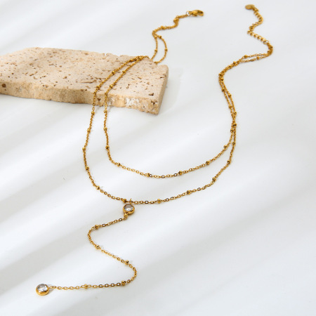 Collier à plusieurs rangs en acier inoxydable doré, imperméable, avec chaîne en forme de Y et zircon. 2