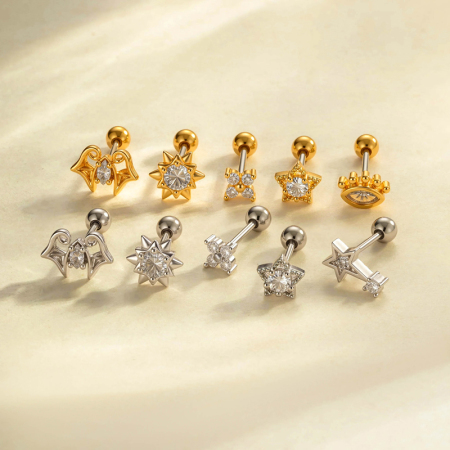 Boucles d'oreilles piercing femme, motif étoile, feuille et lune, couleur cuivre doré, zircon (1 pièce)