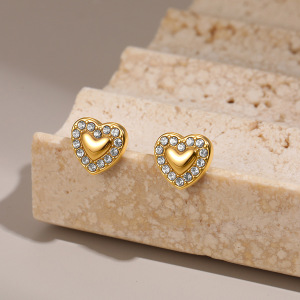 1 Paire De Boucles D'Oreilles Puces Pour Femme, En Acier Inoxydable, Imperméables, En Forme De Cœur. h5 Image4