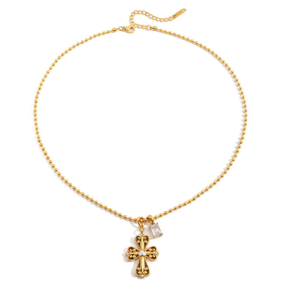 Collier Pendentif Femme Rétro En Forme De Croix, En Acier Inoxydable Étanche, Couleur Or Et Zircon. 