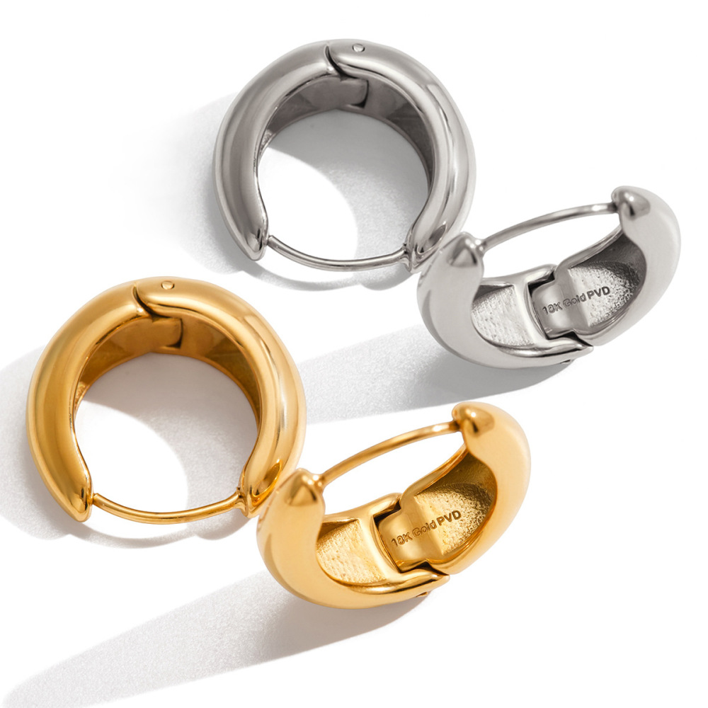 1 Paire De Boucles D'Oreilles Créoles Modernes Rondes En Acier Inoxydable Étanche Couleur Or Pour Femmes h5Image4