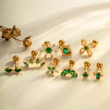 Boucles d'oreilles piercing femme, 1 pièce, en forme de fleur, avec zircon vert, couleur cuivre et or. 2