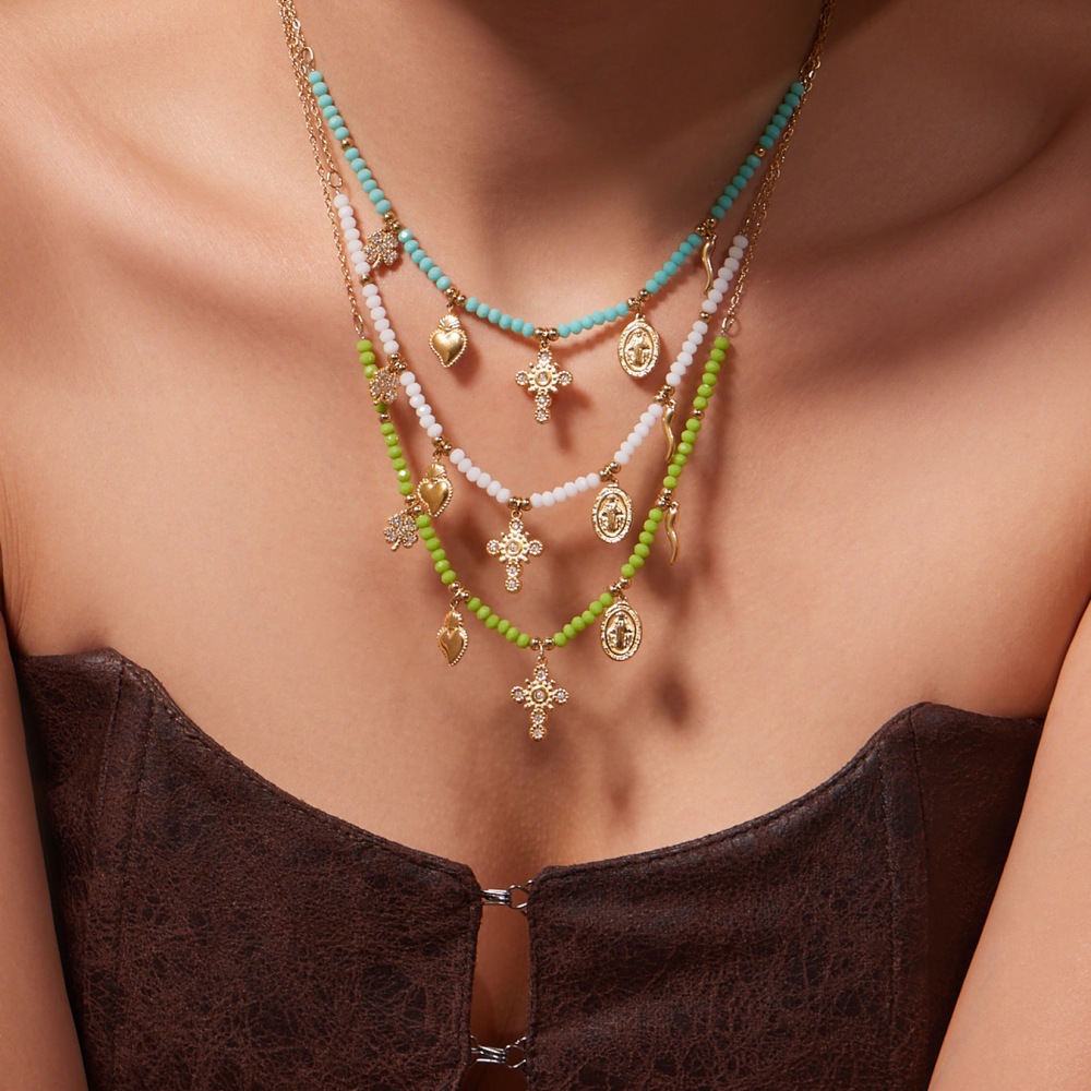 Collier De Perles Pour Femme, Orné D'Une Croix Charmante En Pierre Naturelle Et D'Acier Titane Couleur Or (1 Pièce) h5Image4