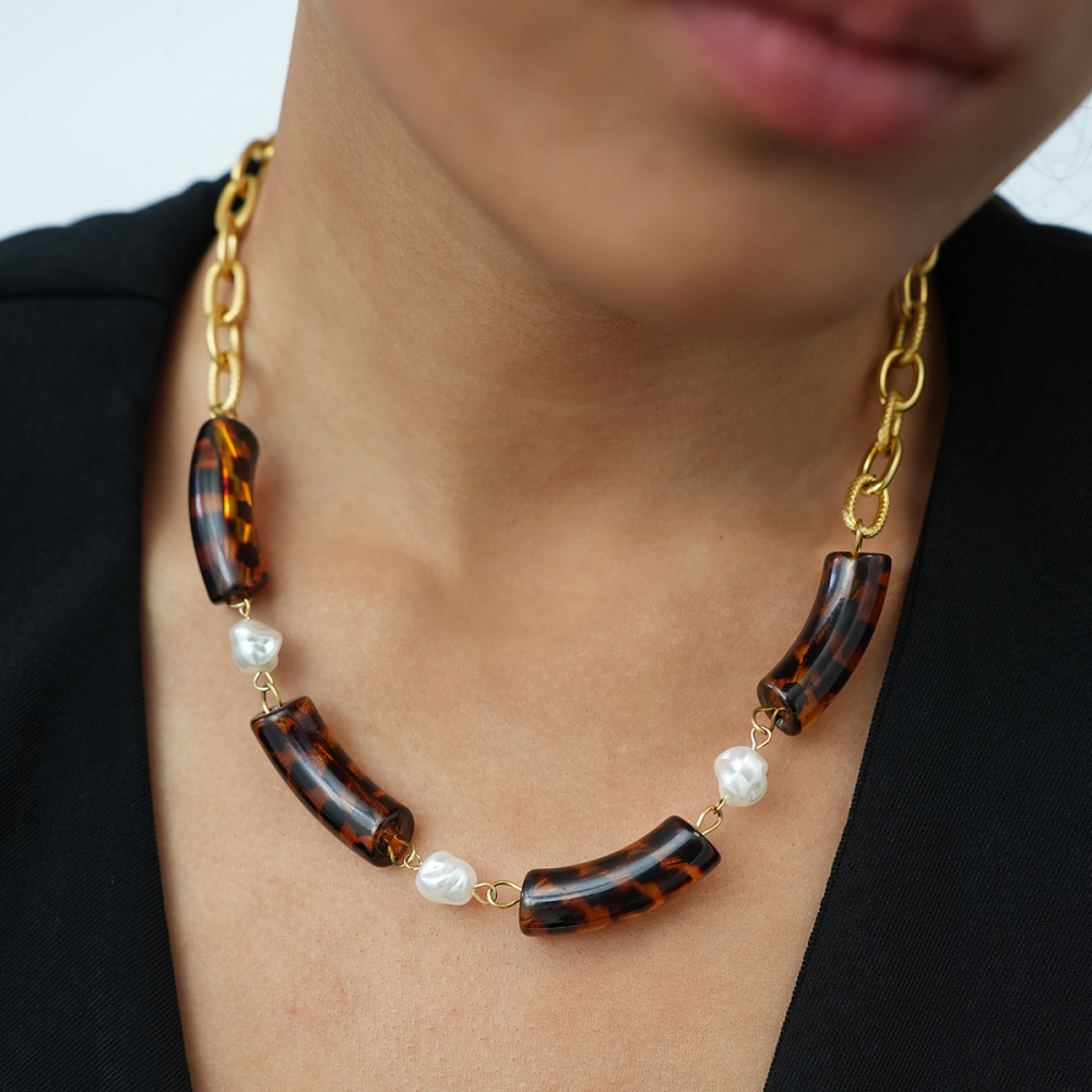 Collier Pour Femme En Acier Inoxydable Imperméable, Orné De Perles Et D'Un Imprimé Léopard En Acrylique (1 Pièce). h5Image6