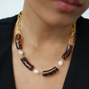 Collier Pour Femme En Acier Inoxydable Imperméable, Orné De Perles Et D'Un Imprimé Léopard En Acrylique (1 Pièce). h5 Image6