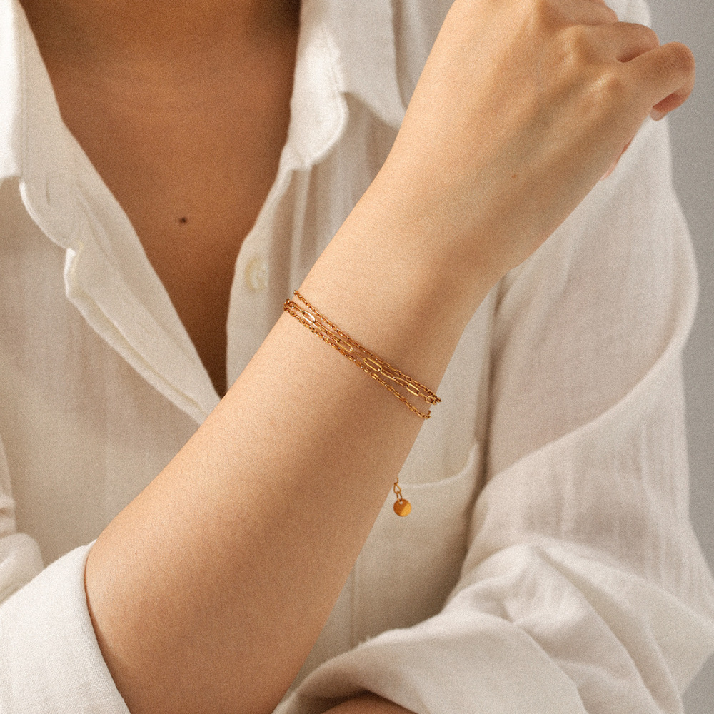 Bracelet En Acier Inoxydable Doré, Étanche, À Trois Rangs (1 Pièce) Image4