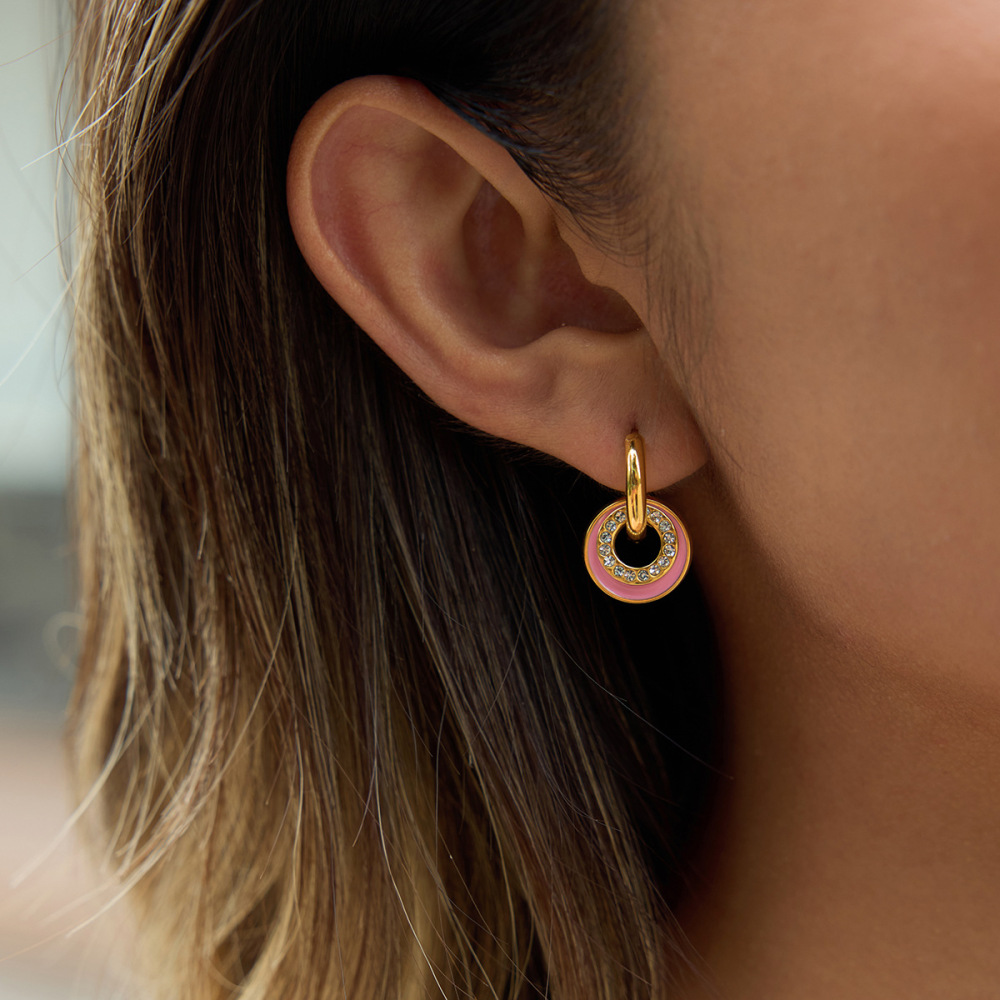 Boucles D'Oreilles Pendantes Pour Femme, Double Cercle Éclatant, En Acier Inoxydable Étanche, Couleur Or (1 Paire) Image5