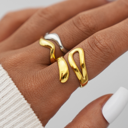 Bague femme rétro de forme irrégulière en acier inoxydable étanche couleur or (1 pièce) 2
