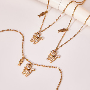 Collier Pendentif Femme Sweet Kitty En Acier Titane Doré Avec Zircon (1 Pièce) h5 Image2