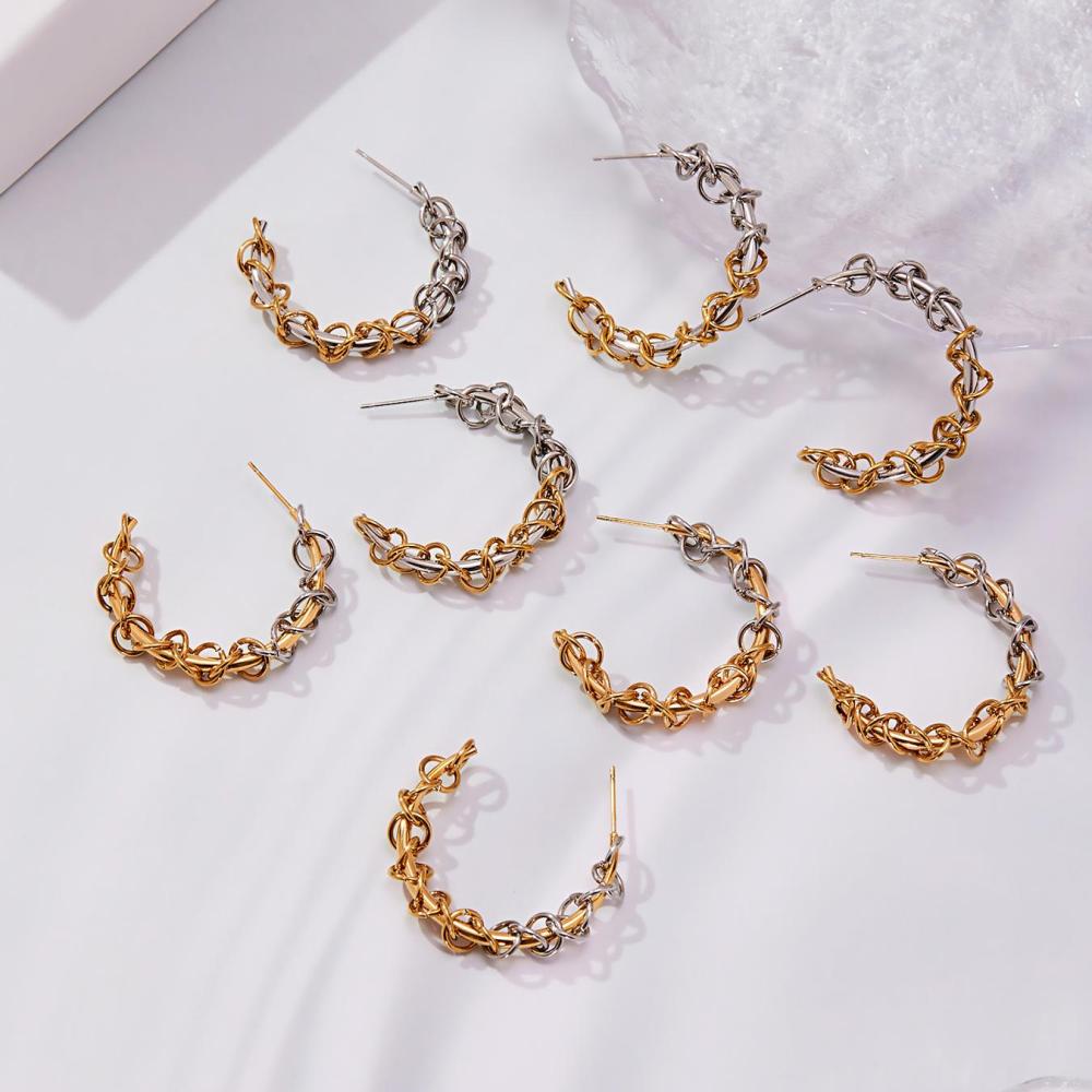 1 Paire De Boucles D'Oreilles Créoles Pour Femme En Acier Inoxydable, Couleurs Or Et Argent Mélangés, Étanches. Image4