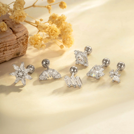Boucles d'oreilles piercing femme, 1 pièce, motif fleur brillante, couleur cuivre doré, zircon. 2