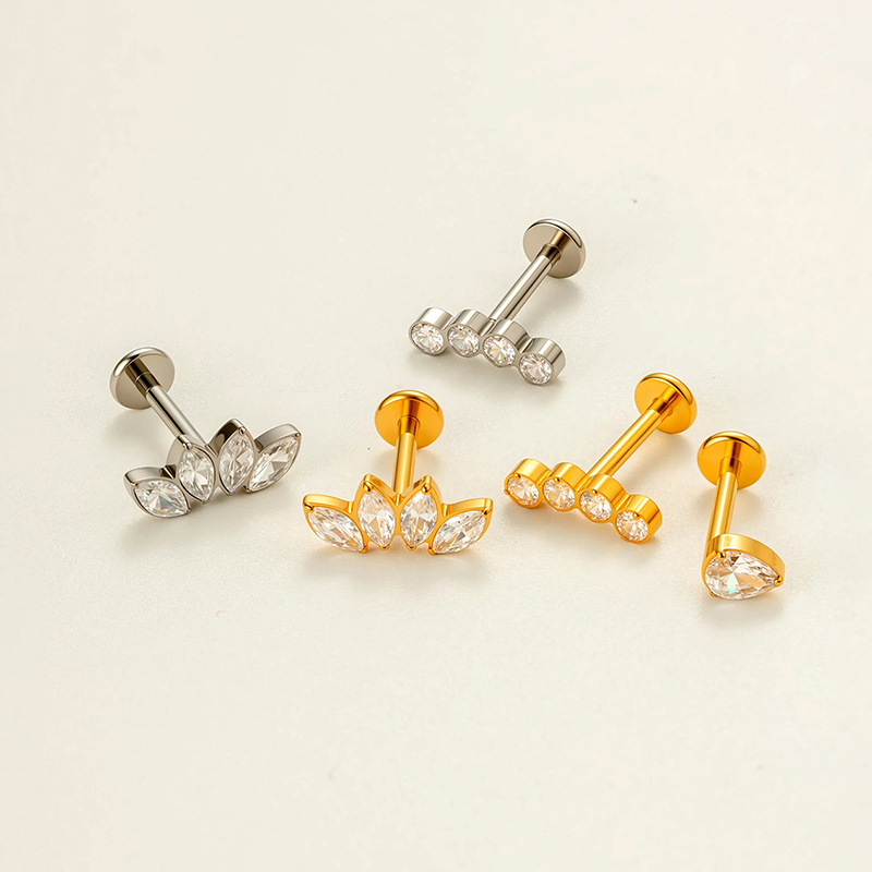 Boucles D'Oreilles Piercing Femme, Forme Goutte Moderne, Alliage Titane, Couleur Or, Zircon. h5Image4