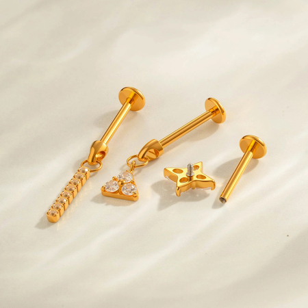 Boucles d'oreilles piercing femme, 1 pièce, en alliage de titane doré avec zircon, motif étoile, triangle et lune 2