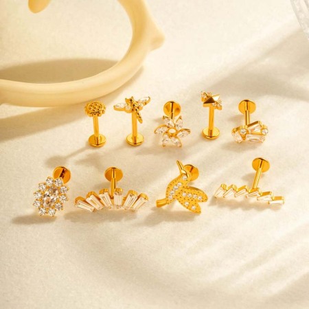 Boucles d'oreilles piercing élégantes pour femme, en alliage de titane doré avec zircon, motif oiseaux (1 pièce).