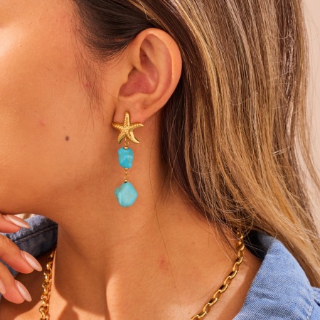 Boucles d'oreilles pendantes pour femme, motif tortue et étoile de mer, en acier inoxydable étanche, motif romantique de vacances (1 paire).