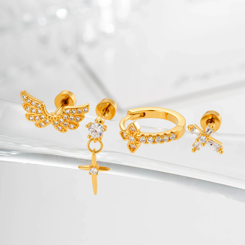 Boucles D'Oreilles Piercing Femme En Cuivre Et Zircon, Motif Ailes En Croix (1 Pièce) h5Image3