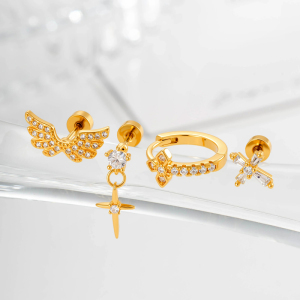 Boucles D'Oreilles Piercing Femme En Cuivre Et Zircon, Motif Ailes En Croix (1 Pièce) h5 Image3