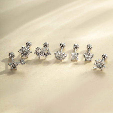 Boucles d'oreilles piercing femme, motif étoile, feuille et lune, couleur cuivre doré, zircon (1 pièce) 2