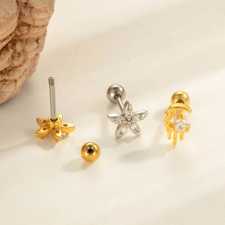 Boucles d'oreilles piercing femme, motif fleur en forme de cœur, couleur cuivre doré, zircon (1 pièce) 2