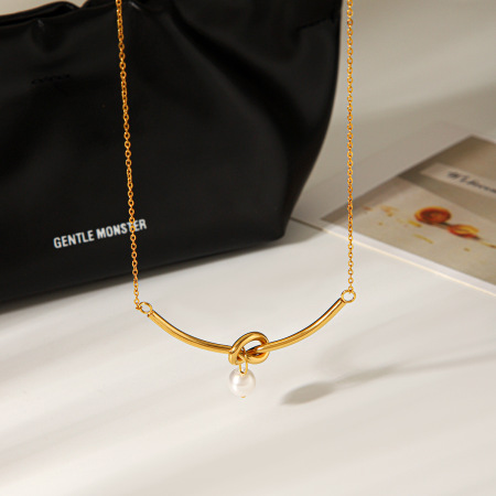 Collier pendentif en acier inoxydable torsadé, étanche, couleur or, avec perle (1 pièce) 2