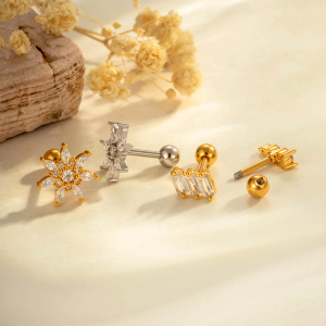 Boucles D'Oreilles Piercing Femme, 1 Pièce, Motif Fleur Brillante, Couleur Cuivre Doré, Zircon. h5 Image4
