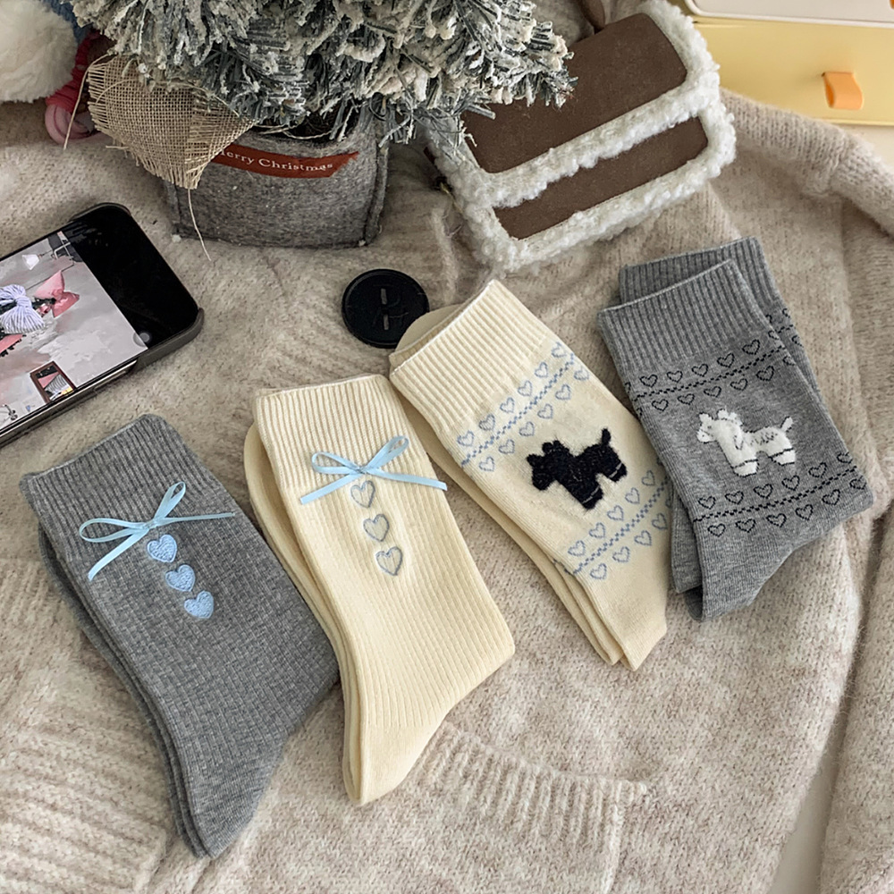 1 Paire De Chaussettes Mi-Mollet À Nœuds Et Cœurs Sur Le Thème Des Chiots Mignons h5Image2