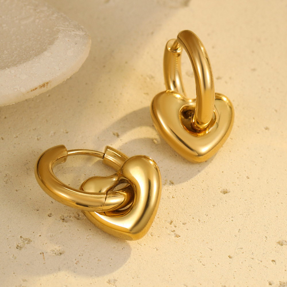 Boucles D'Oreilles Pendantes Pour Femme, Plaquées Or 18 Carats, En Forme De Cœur Et De Pentagramme, En Acier Inoxydable 304, Étanches Et Élégantes. Style Décontracté. Image5