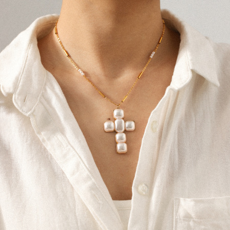 Collier pendentif croix et perle en acier inoxydable étanche, couleur or (1 pièce) 2