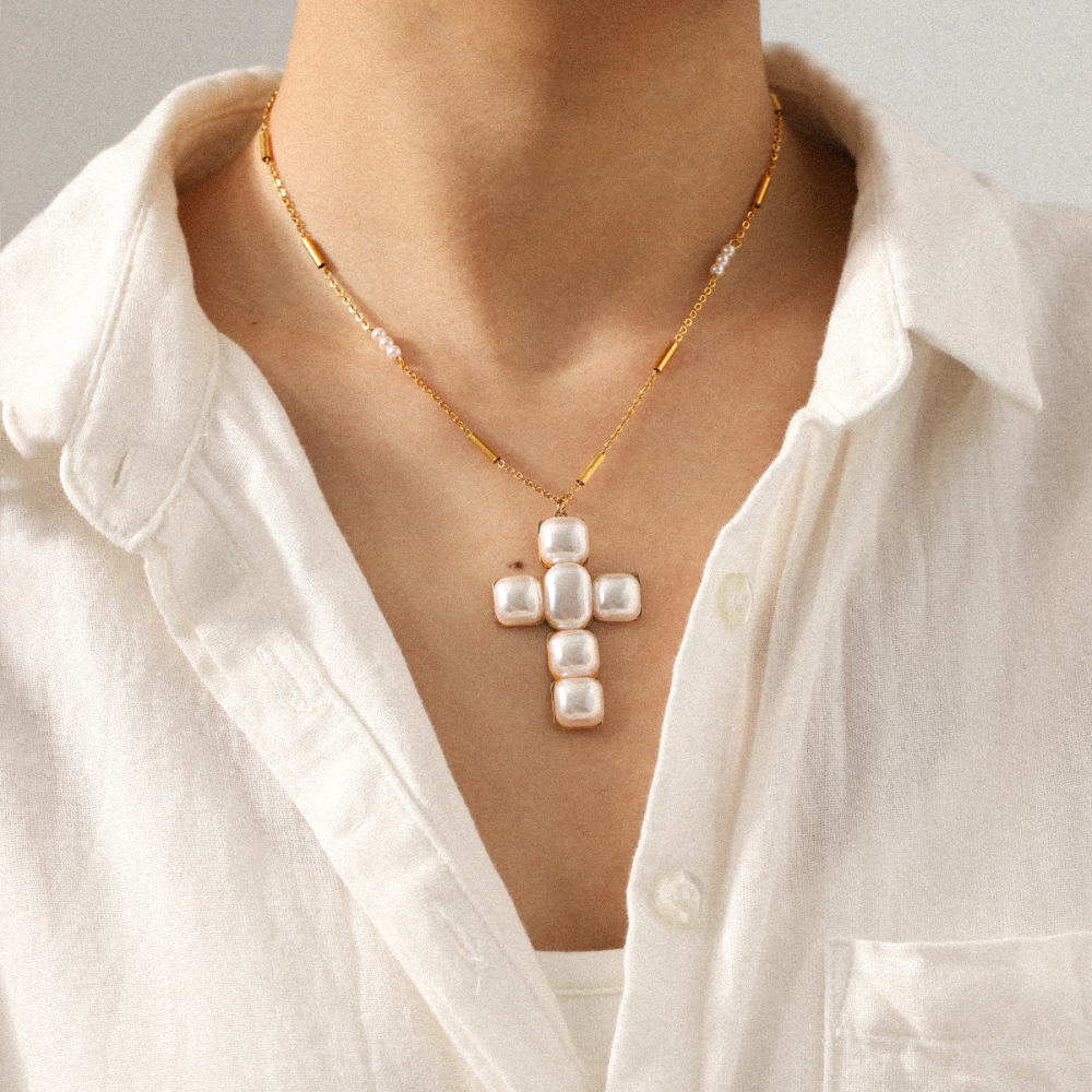 Collier Pendentif Croix Et Perle En Acier Inoxydable Étanche, Couleur Or (1 Pièce) Image3