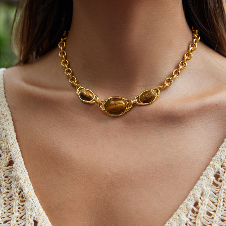 Collier pendentif ovale vintage en pierre naturelle, acier inoxydable étanche, couleur or, pour femme (1 pièce)