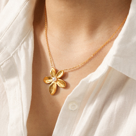 Collier pendentif fleur et perle en acier inoxydable étanche, couleur or (1 pièce)