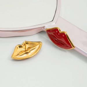 Boucles D'Oreilles Puces Pour Femme, En Acier Inoxydable Doré, En Forme De Lèvres Rouges (1 Paire). h5 Image5