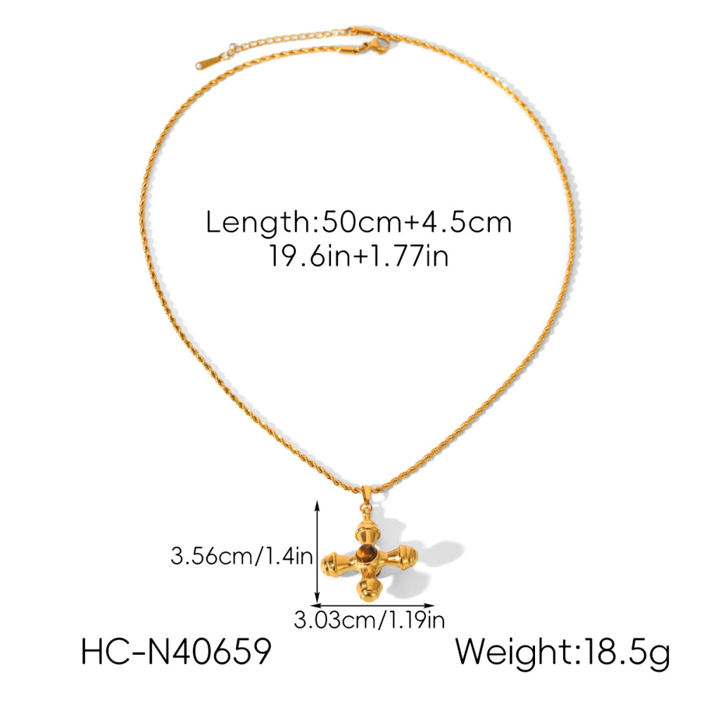 Collier Pendentif Croix Rétro En Acier Inoxydable Étanche Couleur Or Avec Pierre Naturelle (1 Pièce) Image2