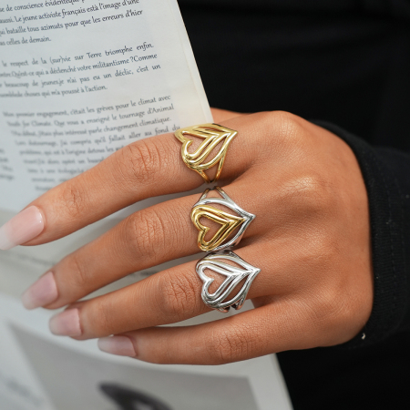 Bague tendance rétro en acier inoxydable doré, style simple, avec cœur. 2