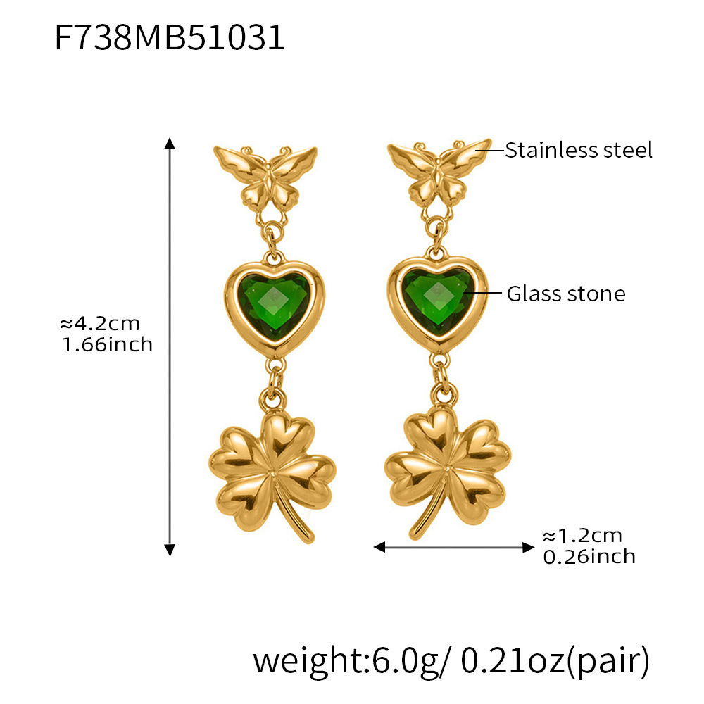 Boucles D'Oreilles Pendantes Élégantes Pour Femme, En Verre, En Forme De Cœur Et De Trèfle, En Acier Inoxydable Étanche, Couleur Or (1 Paire). 