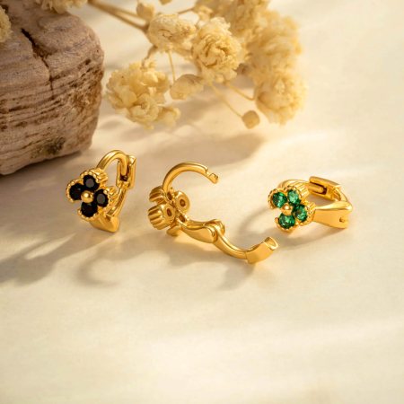 Boucles d'oreilles créoles pour femme, couleur cuivre doré, ornées de zircon, motif floral éclatant (1 pièce). 2
