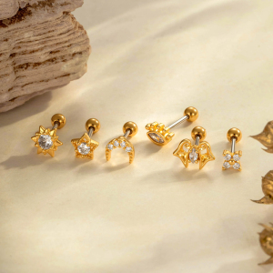 Boucles D'Oreilles Piercing Femme, Motif Étoile, Feuille Et Lune, Couleur Cuivre Doré, Zircon (1 Pièce) h5 Image5