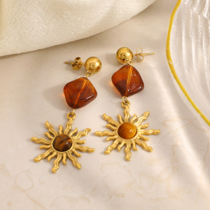 Boucles D'Oreilles Pendantes Pour Femme, Collection Ethnique Daily Sun, En Acier Inoxydable Étanche (1 Paire). h5 Image2