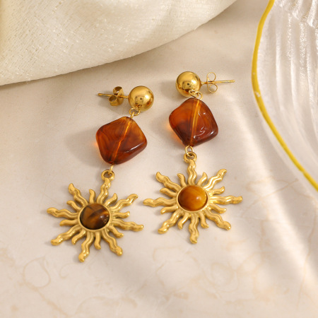 Boucles d'oreilles pendantes pour femme, collection ethnique Daily Sun, en acier inoxydable étanche (1 paire). 2