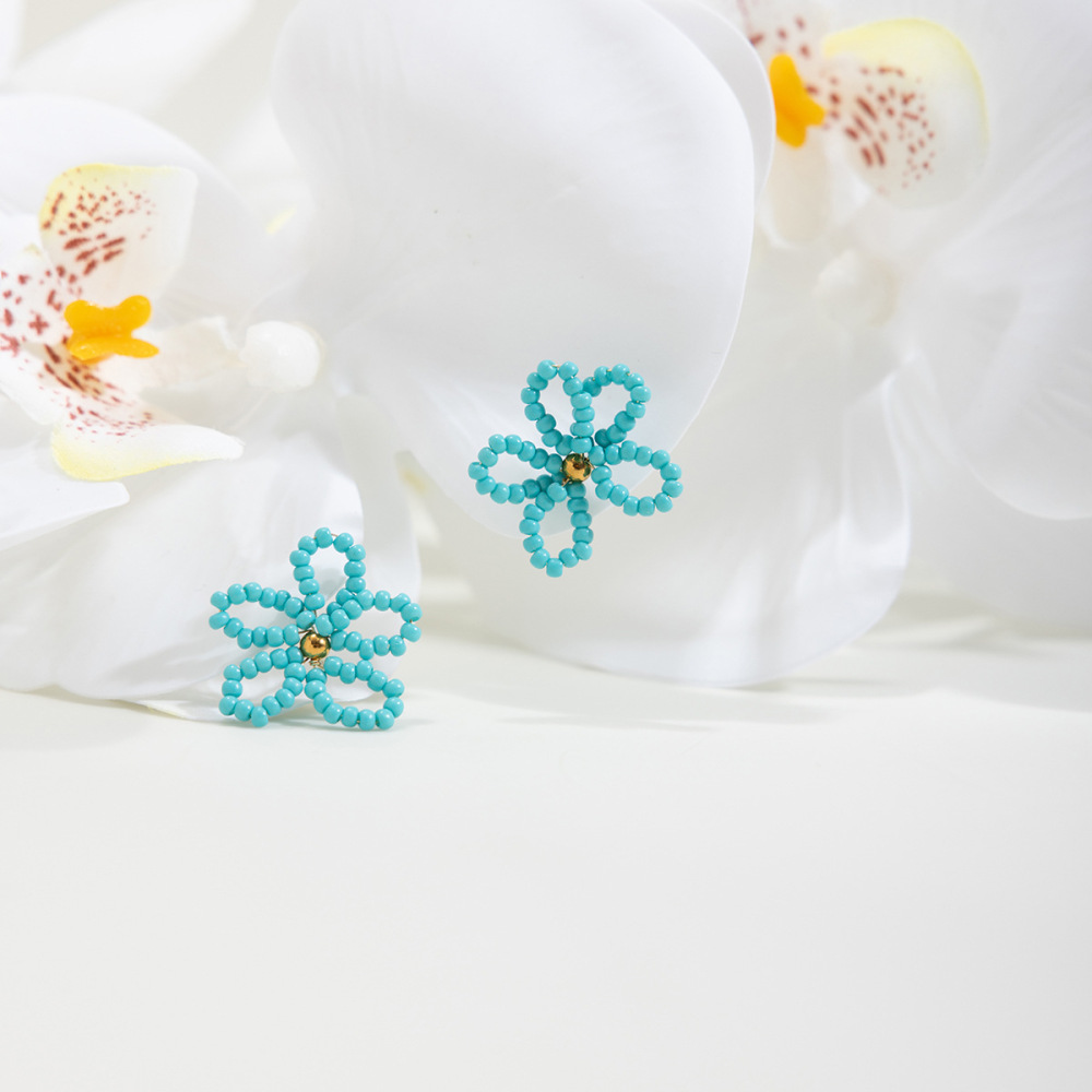 Boucles D'Oreilles Puces Pour Femme, En Acier Inoxydable Doré, Imperméables, Avec Perles Bleues En Forme De Fleur (1 Paire). Image5
