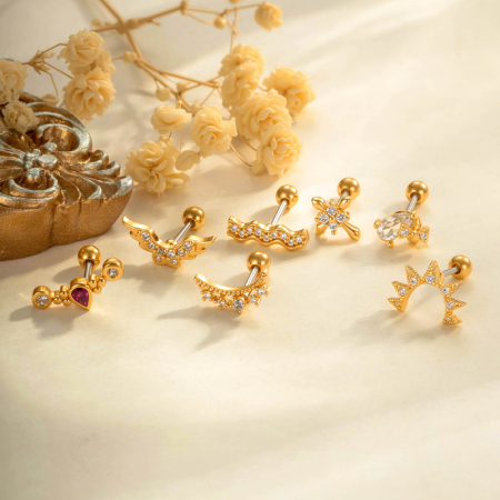 Boucles d'oreilles piercing femme « Ailes brillantes » couleur cuivre doré avec zircon (1 pièce)