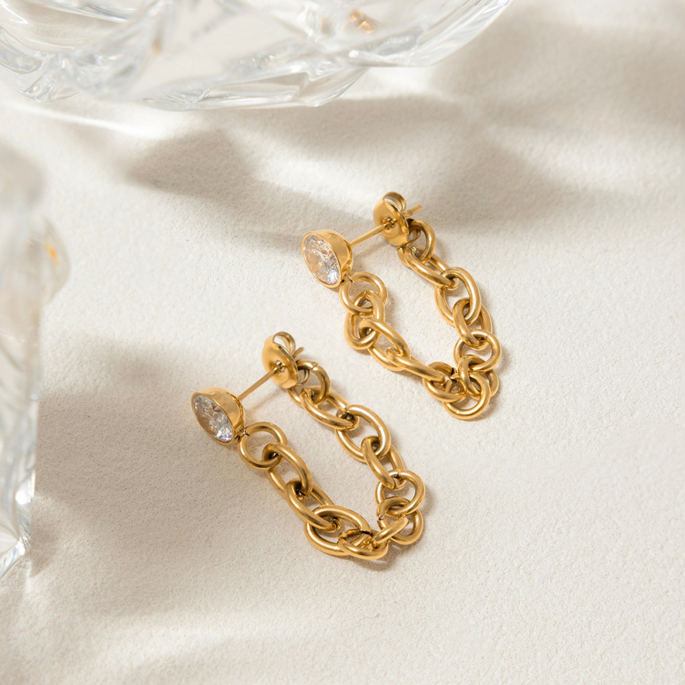 Boucles D'Oreilles Pendantes Pour Femme, En Acier Inoxydable Doré, Avec Zircon Et Chaîne Classique (1 Paire). Image5