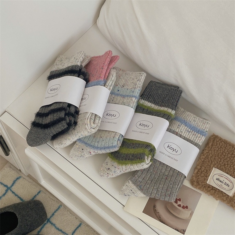 1 Paire De Chaussettes Mi-Mollet En Coton À Rayures Bleu Clair, Douces Et Élégantes Image3