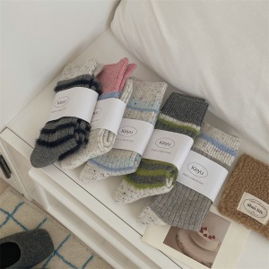 1 Paire De Chaussettes Mi-Mollet En Coton À Rayures Bleu Clair, Douces Et Élégantes h5 Image3