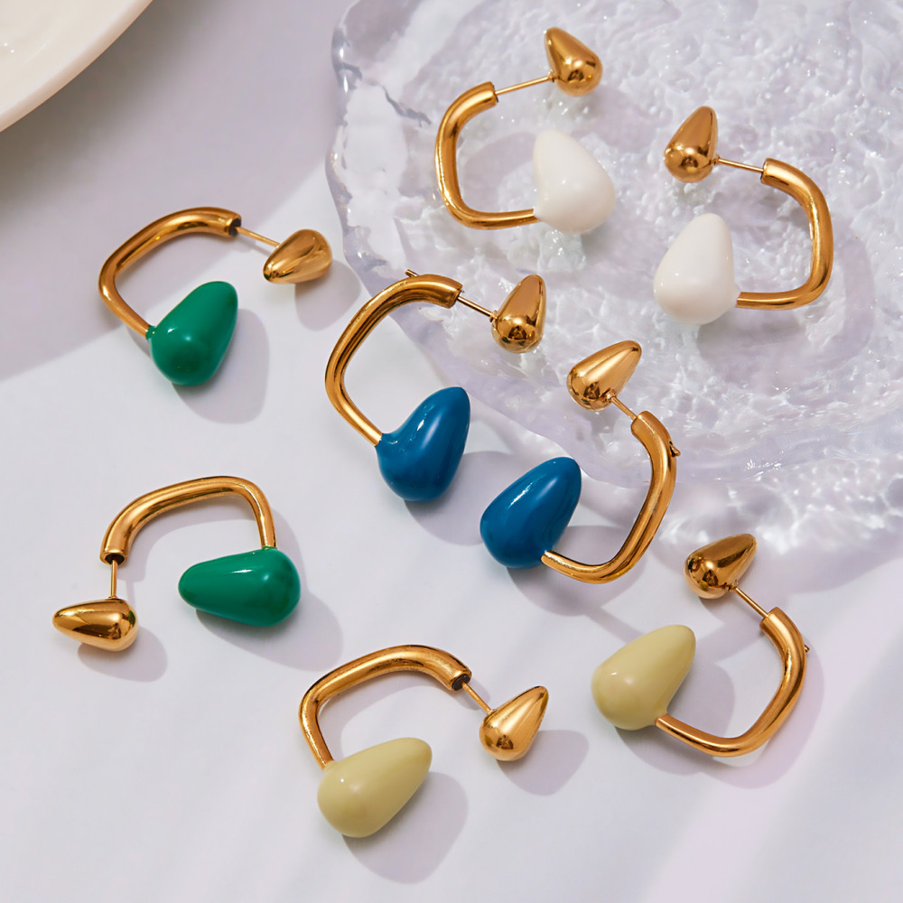 1 Paire De Boucles D'Oreilles Puces Pour Femme, En Acier Inoxydable Doré, Imperméables, En Forme De Goutte Brillante Image2