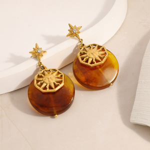 1 Paire De Boucles D'Oreilles Pendantes Ethniques Pour Femme, Motif Soleil Et Étoile, En Acier Inoxydable Étanche. h5 Image4