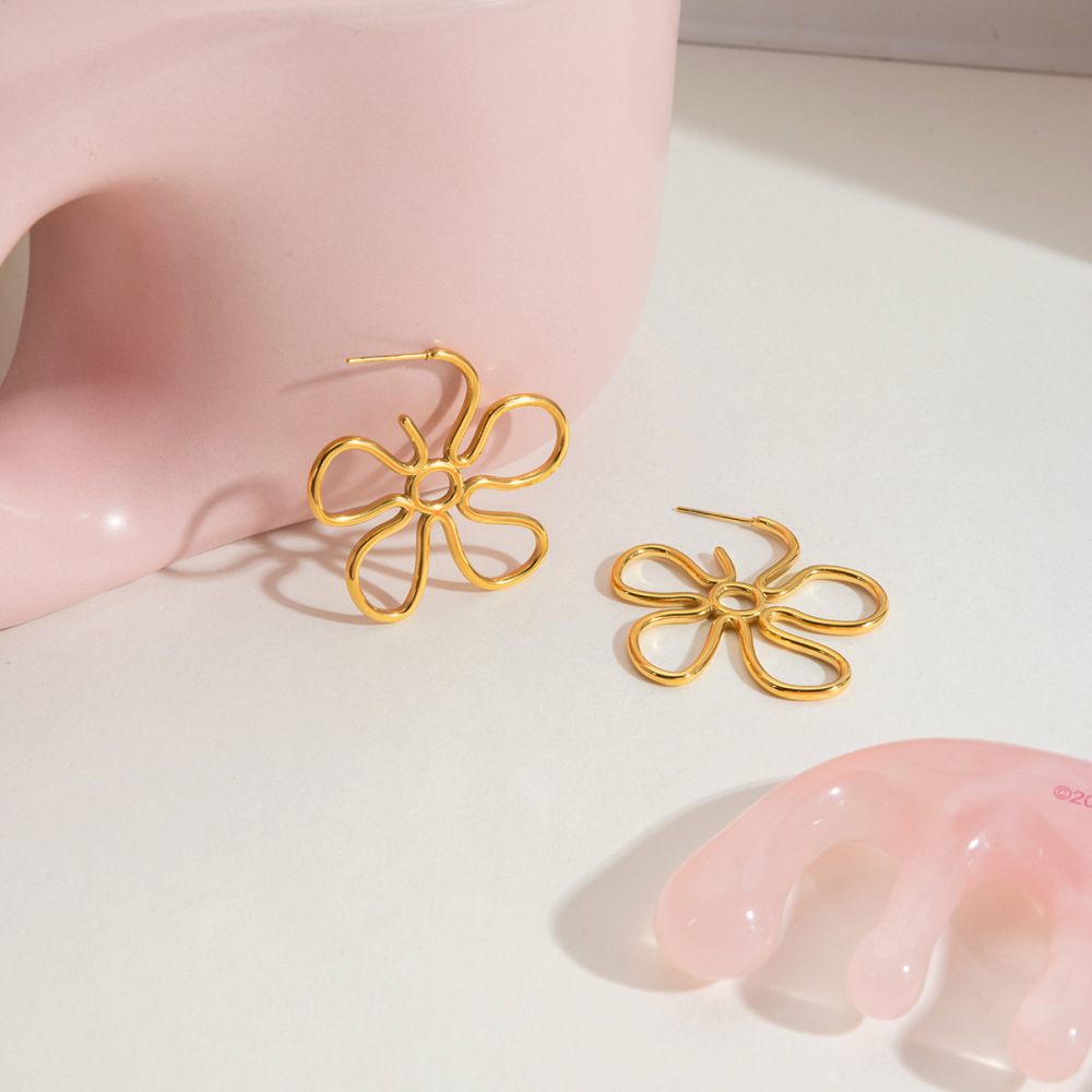 Boucles D'Oreilles Pendantes Pour Femme, En Acier Inoxydable Doré, Motif Floral Simple Et Épuré, 1 Paire Image5