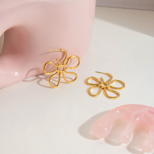 Boucles D'Oreilles Pendantes Pour Femme, En Acier Inoxydable Doré, Motif Floral Simple Et Épuré, 1 Paire h5 Image5