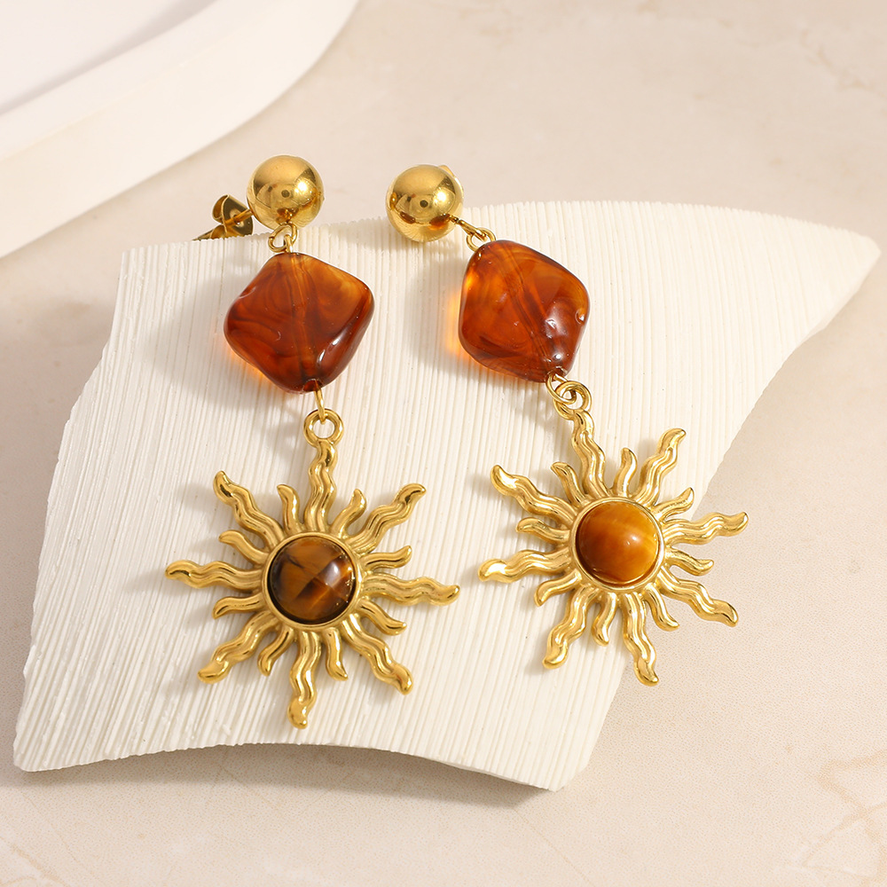 Boucles D'Oreilles Pendantes Pour Femme, Collection Ethnique Daily Sun, En Acier Inoxydable Étanche (1 Paire). Image4